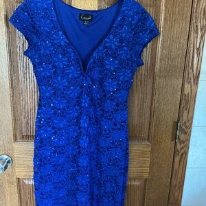 connected apparel cobalt blue lace midi dress